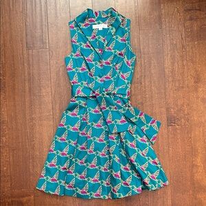 Lesley Evers Retro Teal Hummingbird Novelty Print Sleeveless Dress, Size XS
